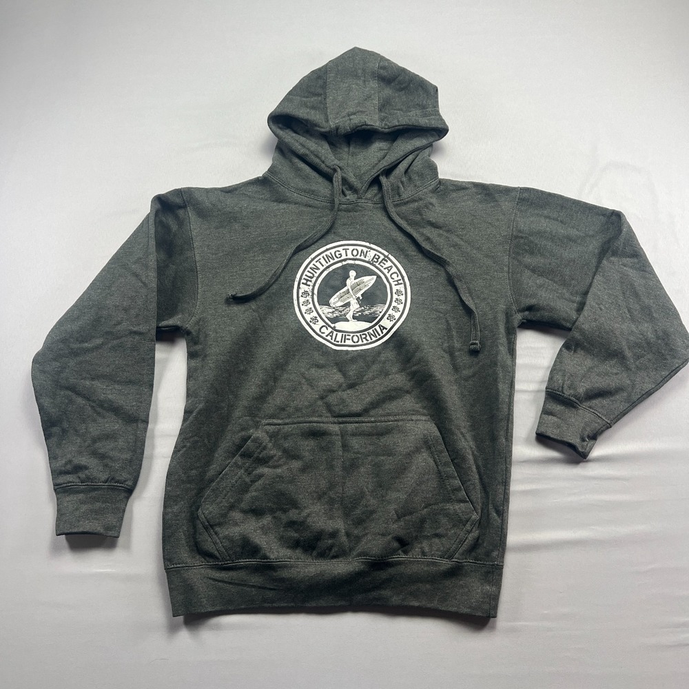 A.M.S Hoodie Mens S Black Huntington Beach California Graphics Cotton Pullover